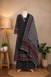 Shop an Ajrakh printed kurta set for women at Subi Trends, featuring a black and maroon Anarkali kurta, matching bottom and printed dupatta for elegant ethnic occasions.