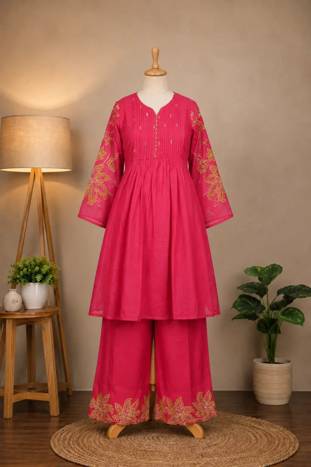 Fuchsia Pink Chanderi Silk Kurta Palazzo Set