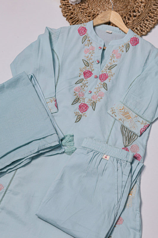 Light Blue Floral Embroidered 3-Piece Kurta Pant Set
