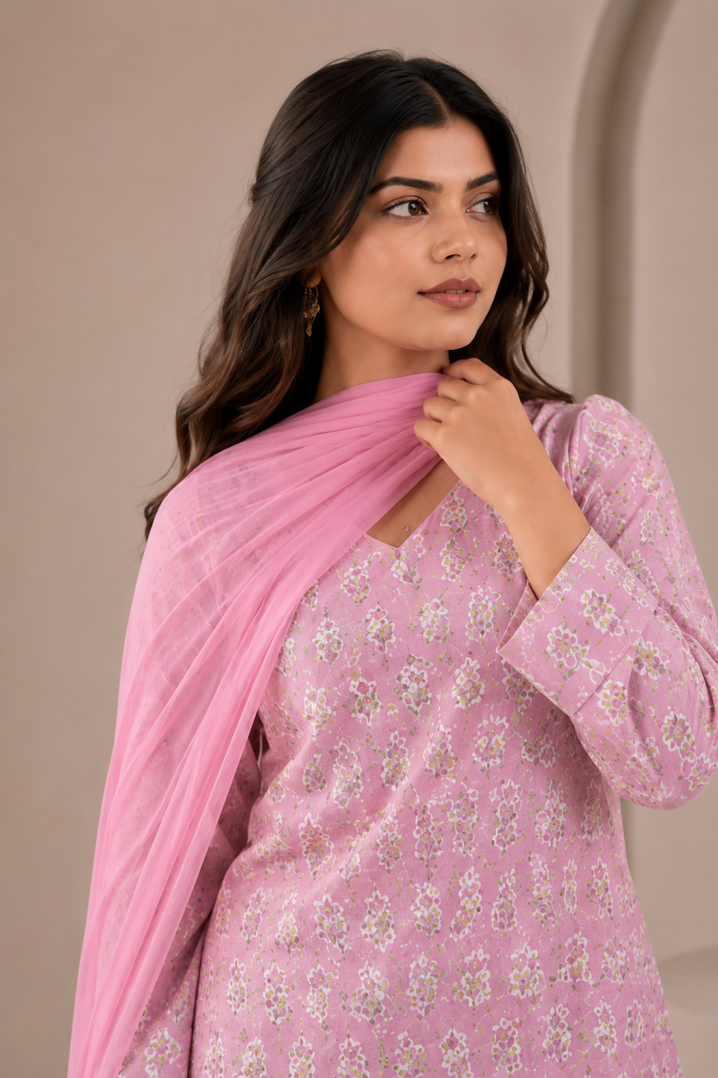 Pink floral hand block printed kurta sharara set