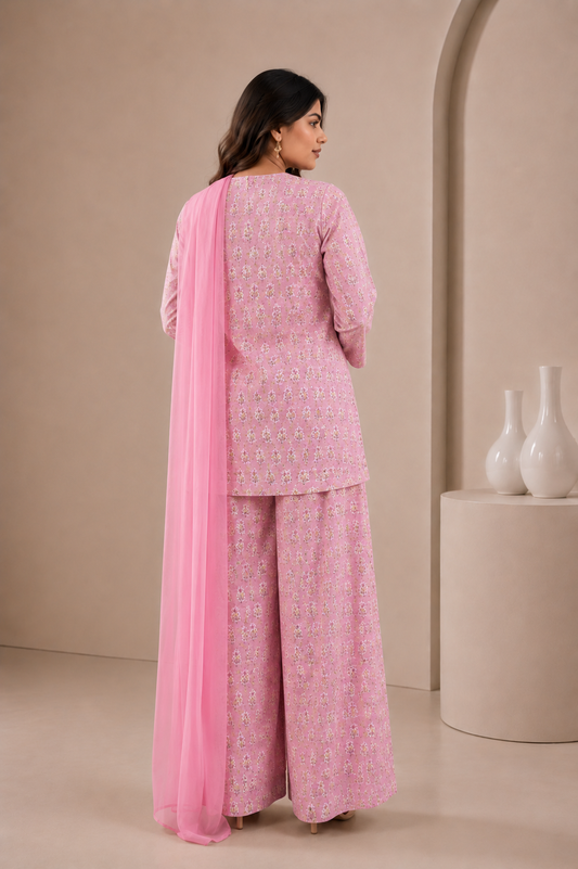 Pink floral hand block printed kurta sharara set