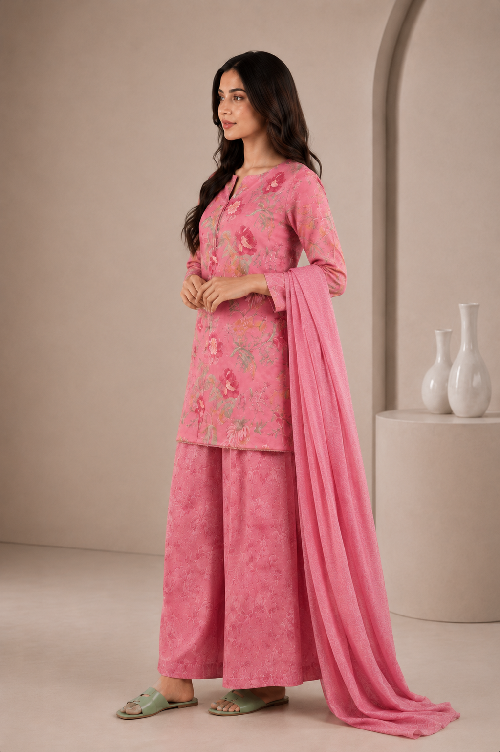 Pink printed organza suit set