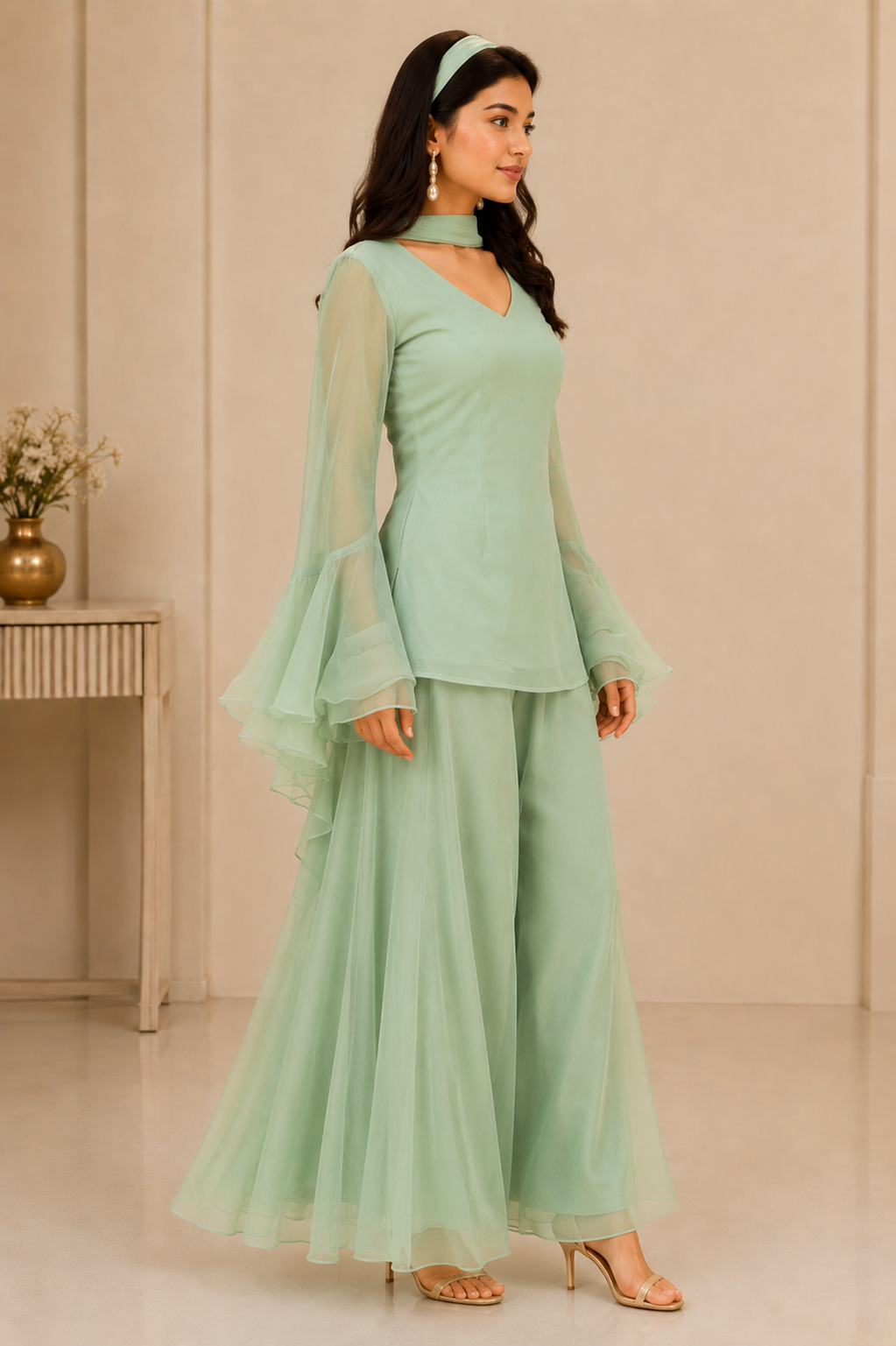 Green Crush Organza Hand Work Straight Kurta Set