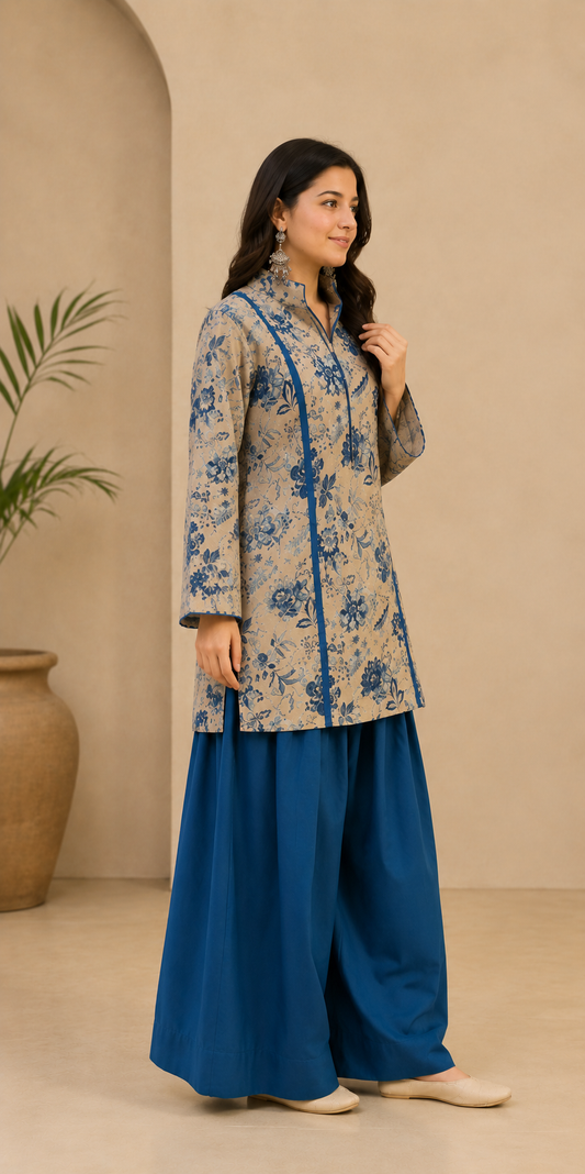 Beige and Teal Pure Cotton Straight Kurta Set