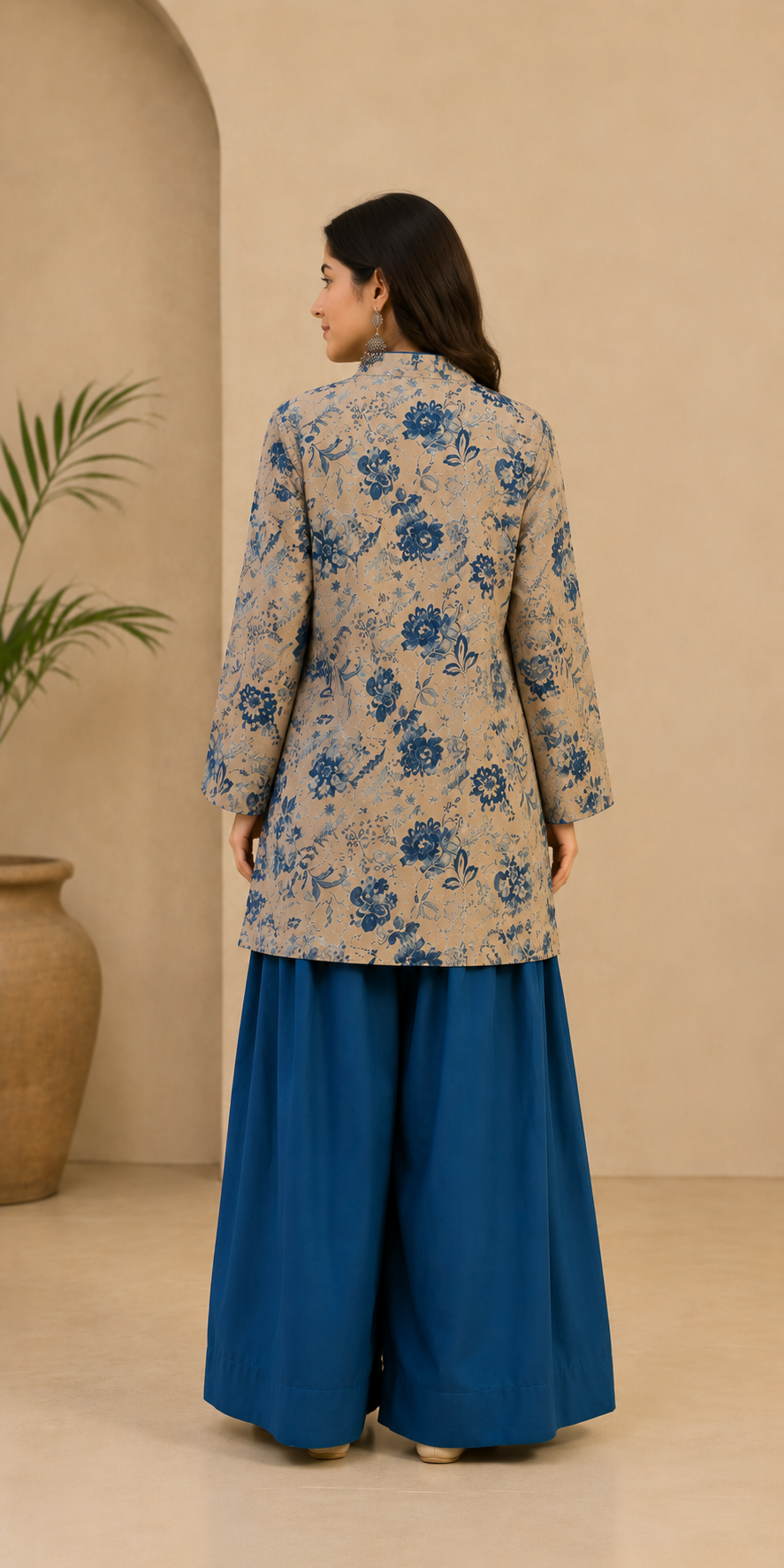Beige and Teal Pure Cotton Straight Kurta Set
