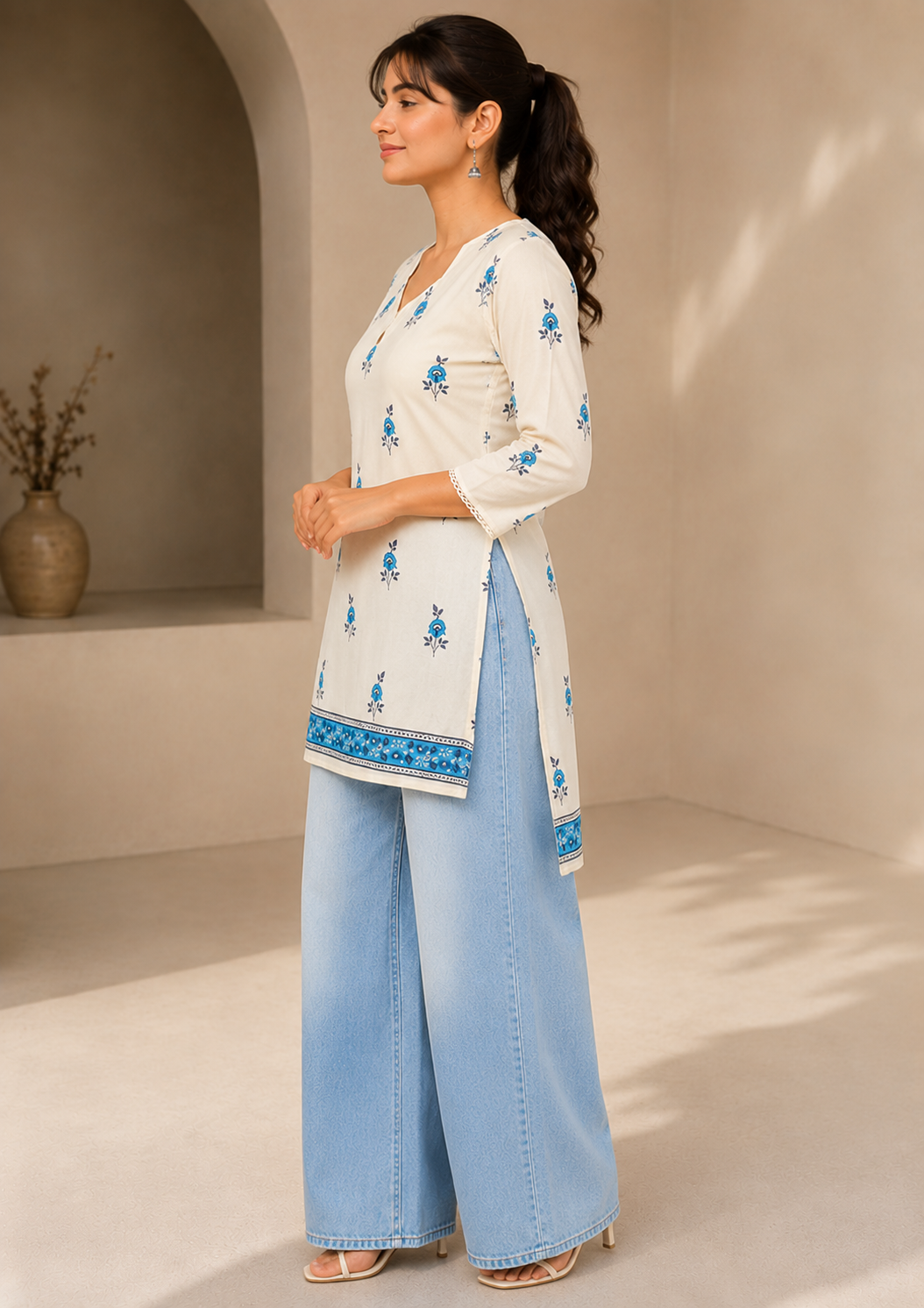 Women's off-white floral printed cotton straight kurta