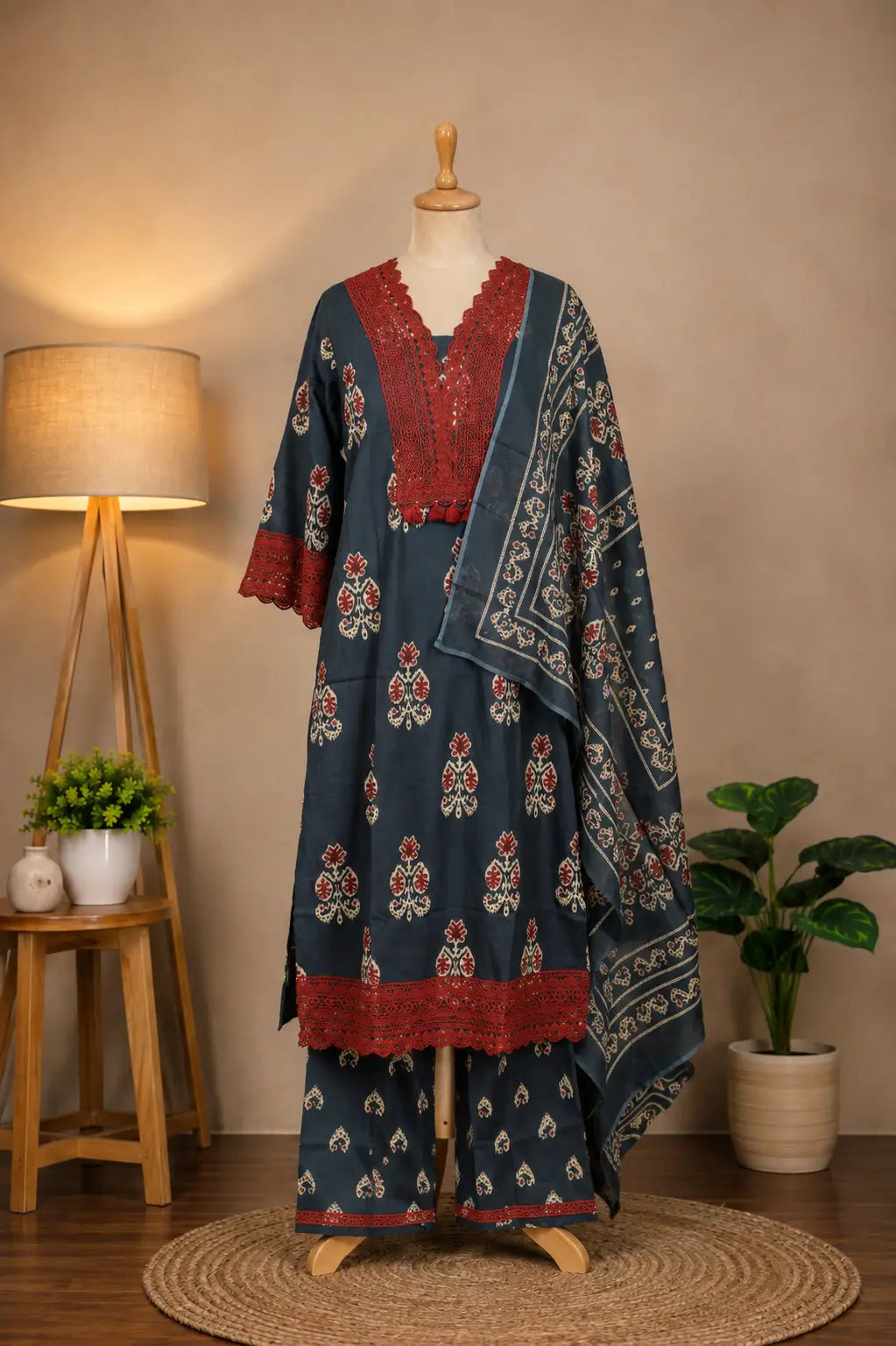Shop Slate Blue Ajrakh Printed Kurta Set by Subi Trends, crafted in pure cotton with a printed kurta, palazzo and dupatta for elegant everyday and festive ethnic wear.