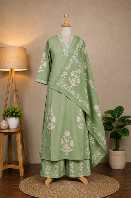 Sage Green Floral Printed Suit Set