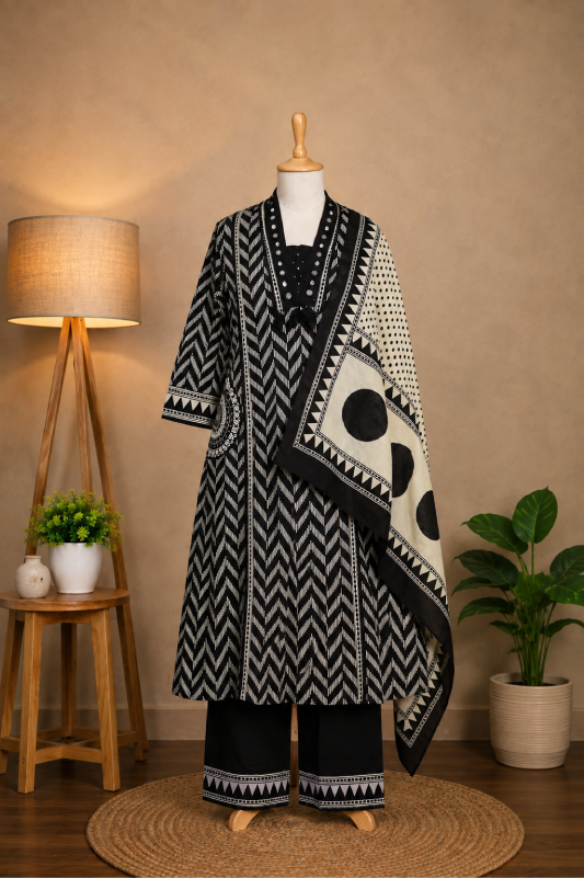 Black & White Printed Kurta Set for Women