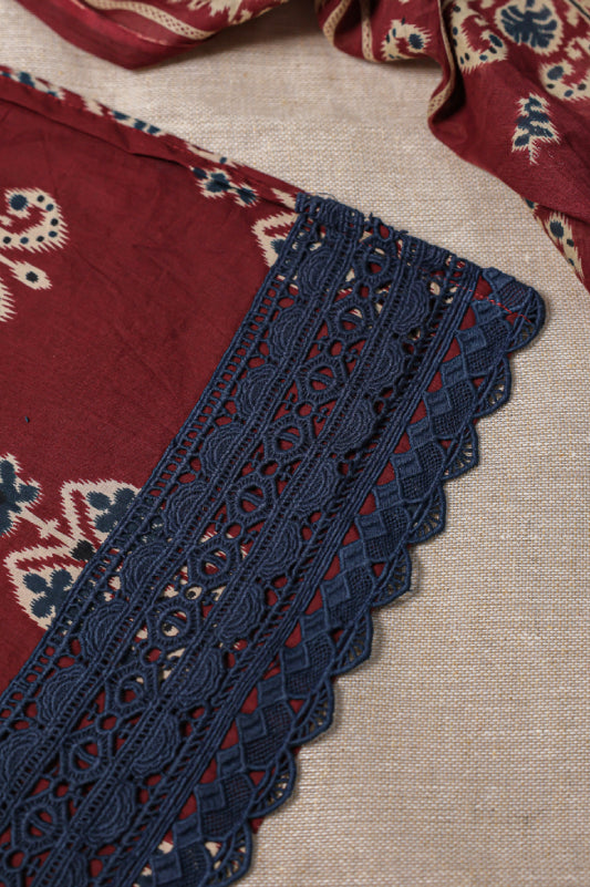 Maroon Floral Block-Print Cotton Kurta Set