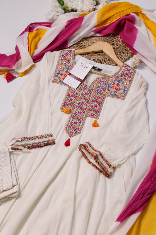 Off-White Mul-Cotton Anarkali Set with Dupatta