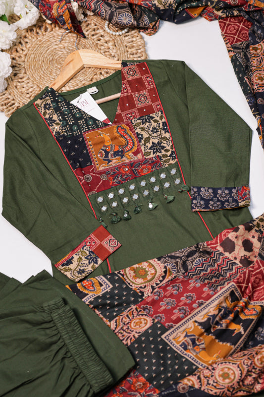 Olive Green Printed Kurta Set with Statement Dupatta