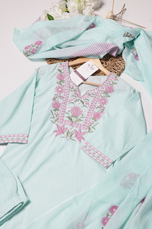 Pastel Blue Kurta Set with Embroidered Neck Panel