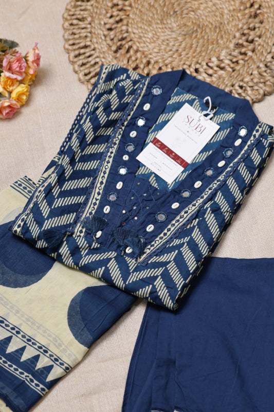 Navy Blue Printed Suit Set