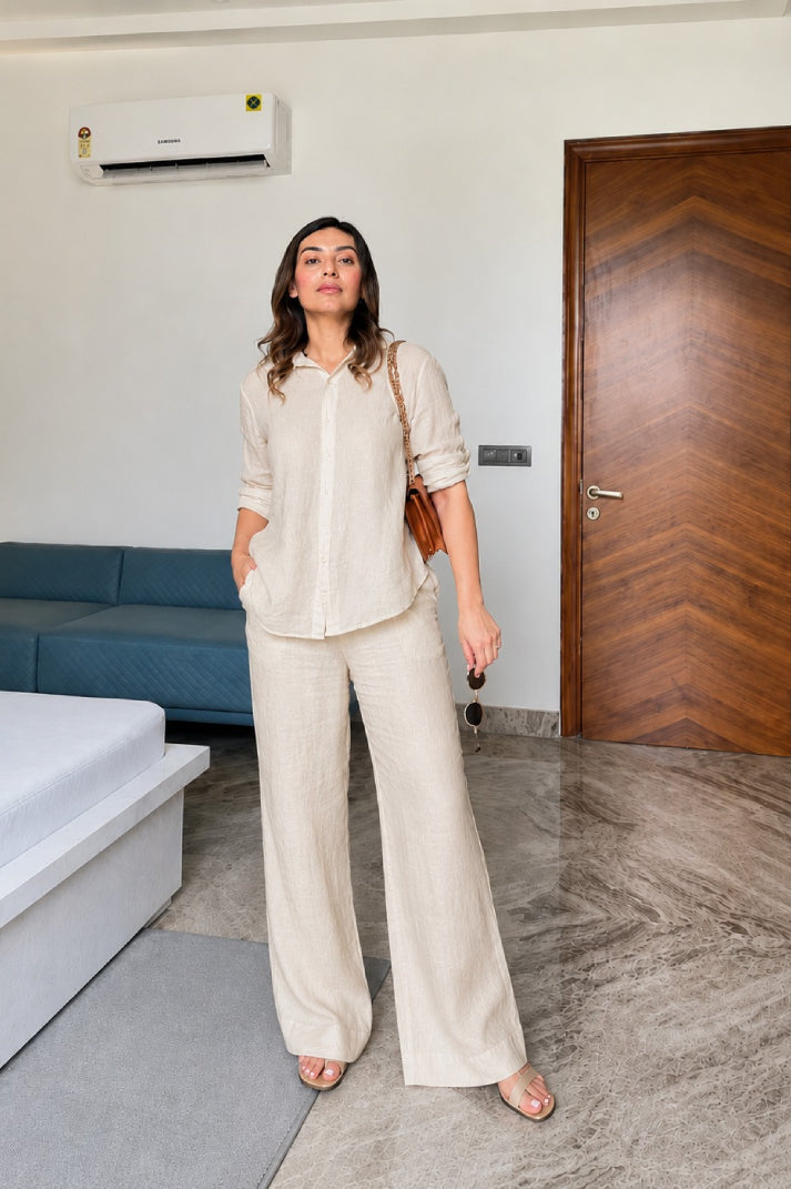 Beige Linen Co-Ord Set for Women | Relaxed Fit Shirt & Wide Leg Pants