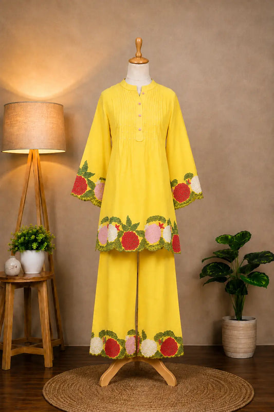 Shop the Bright Yellow Floral Embroidered Co-Ord Set by Subi Trends, crafted in lightweight Mul Chanderi with floral detailing for an elegant ethnic look.