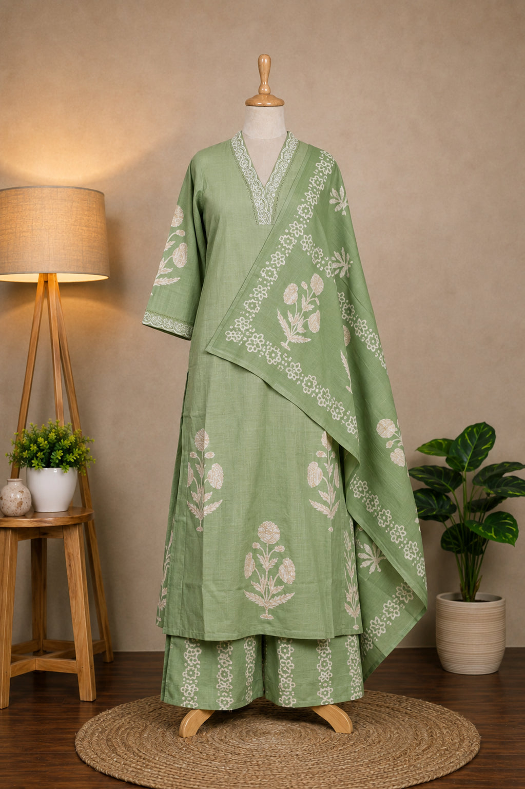 Sage Green Floral Printed Suit Set