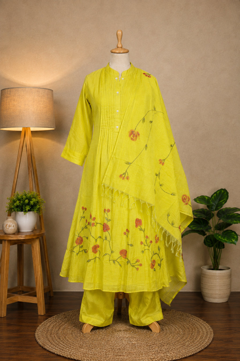 Yellow Floral Hand-Painted Thread Work Anarkali Suit Set