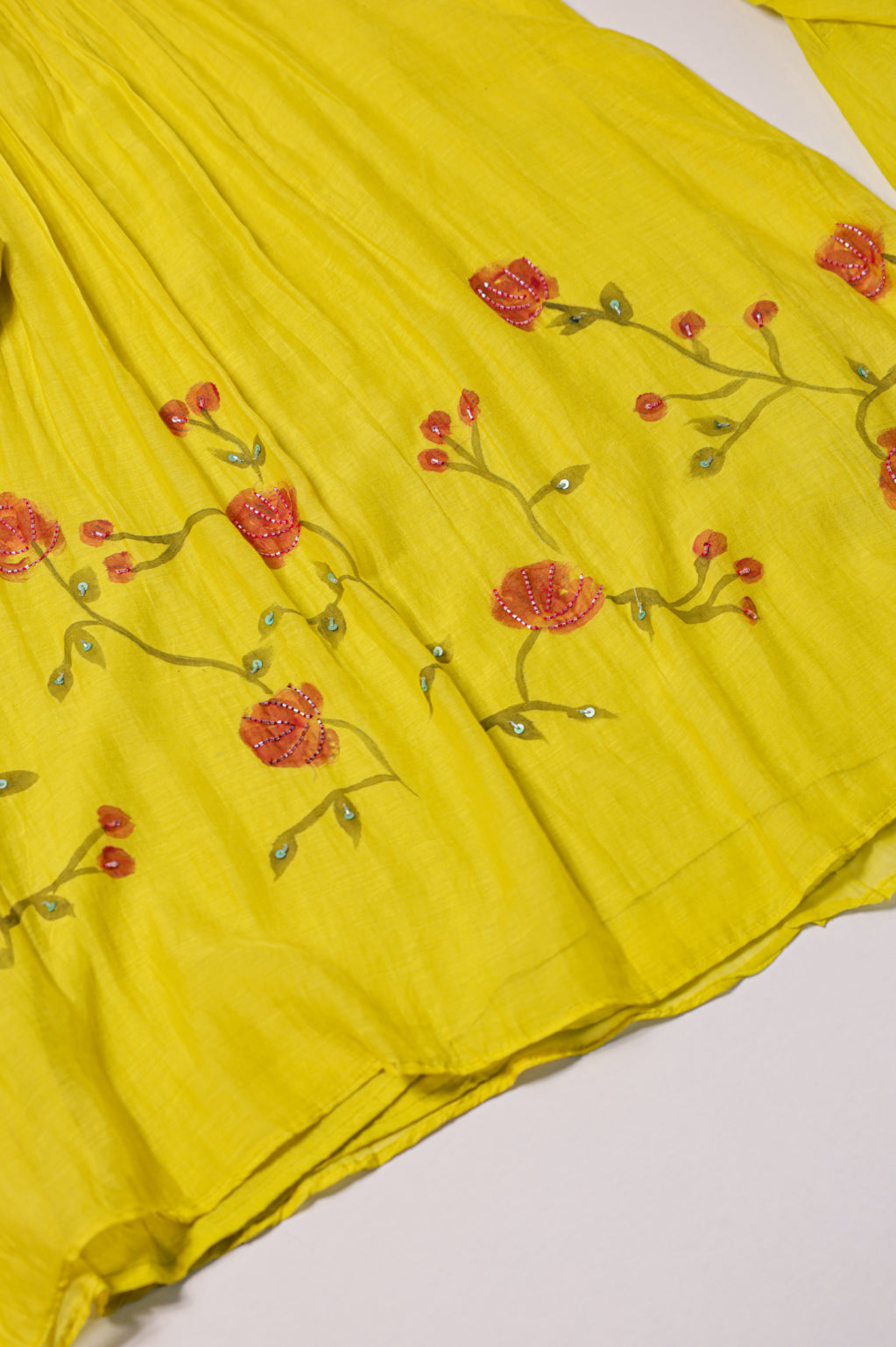 Yellow Floral Hand-Painted Thread Work Anarkali Suit Set