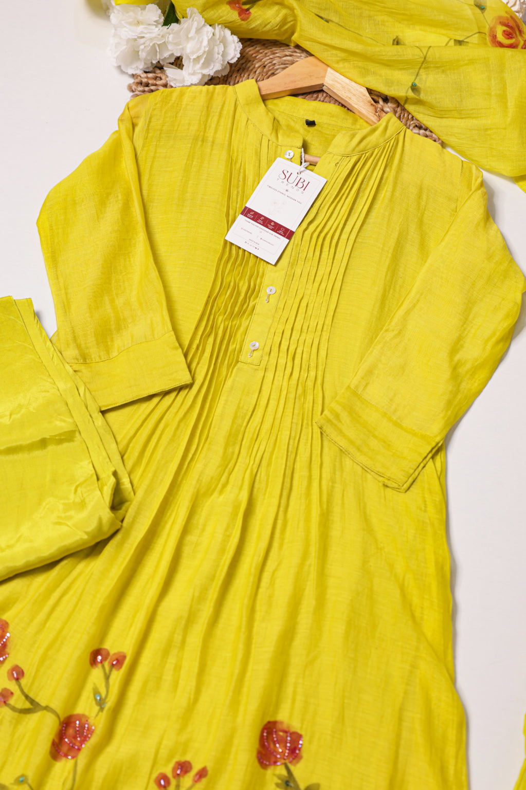 Yellow Floral Hand-Painted Thread Work Anarkali Suit Set