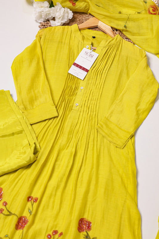 Yellow Floral Hand-Painted Thread Work Anarkali Suit Set
