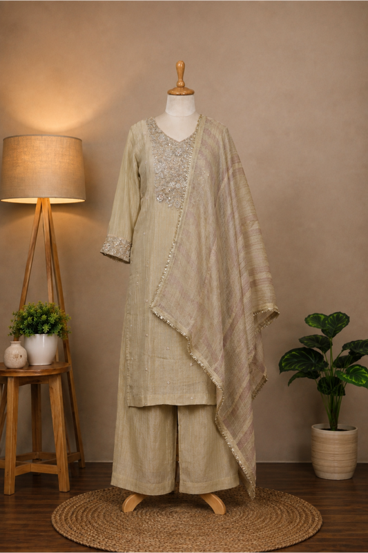 Beige Embroidered Suit Set for Women