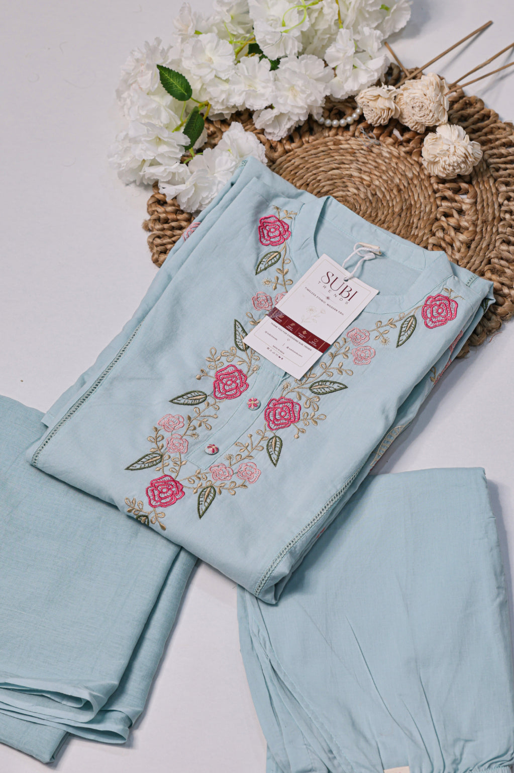 Light Blue & Pink Floral Embroidered Suit Set
