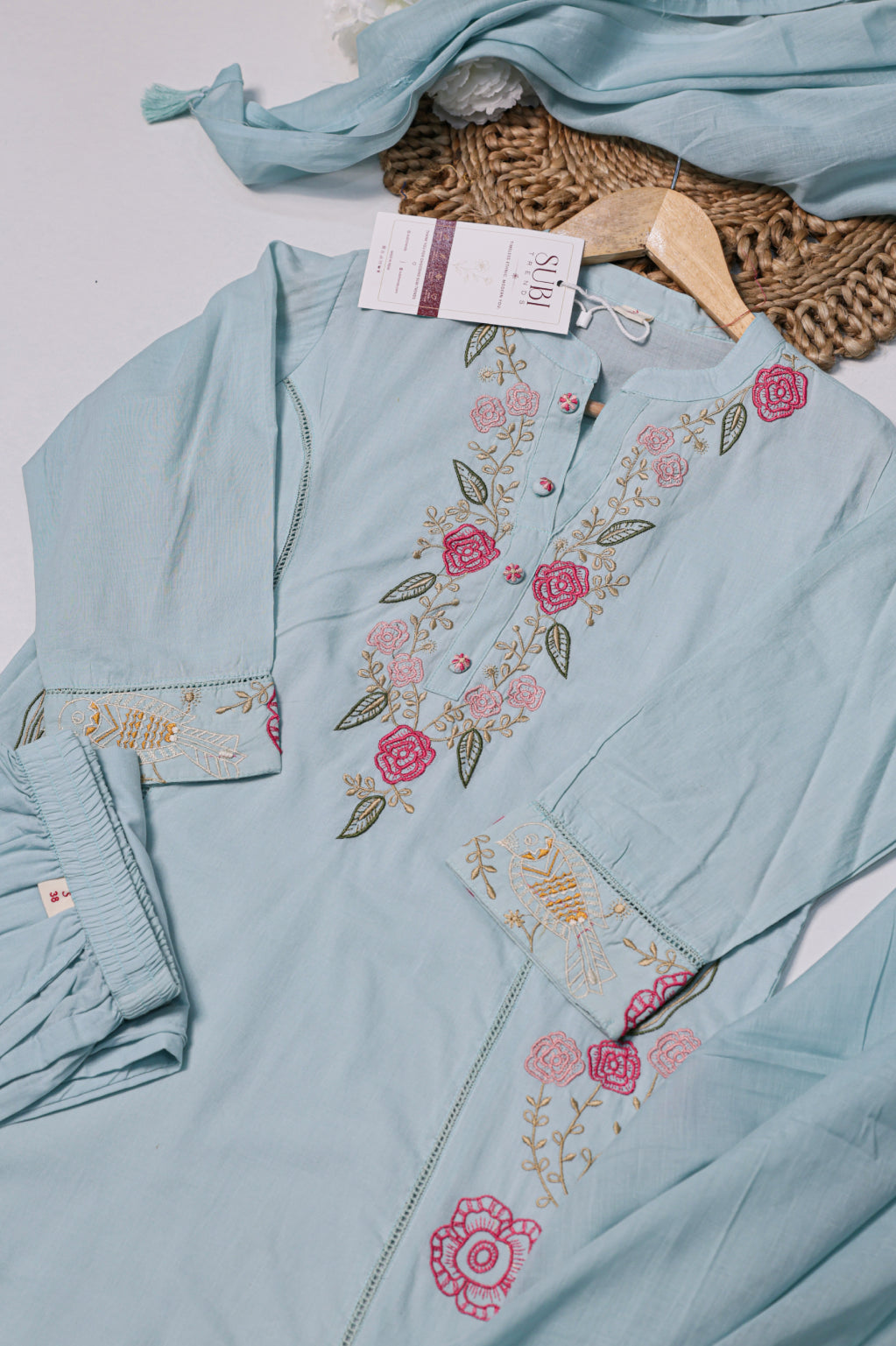 Light Blue & Pink Floral Embroidered Suit Set