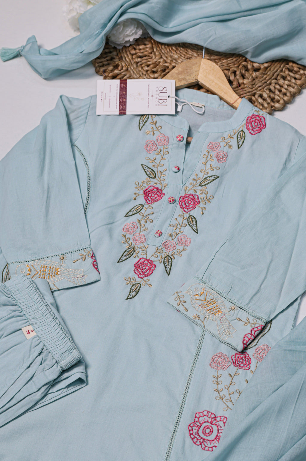 Light Blue & Pink Floral Embroidered Suit Set