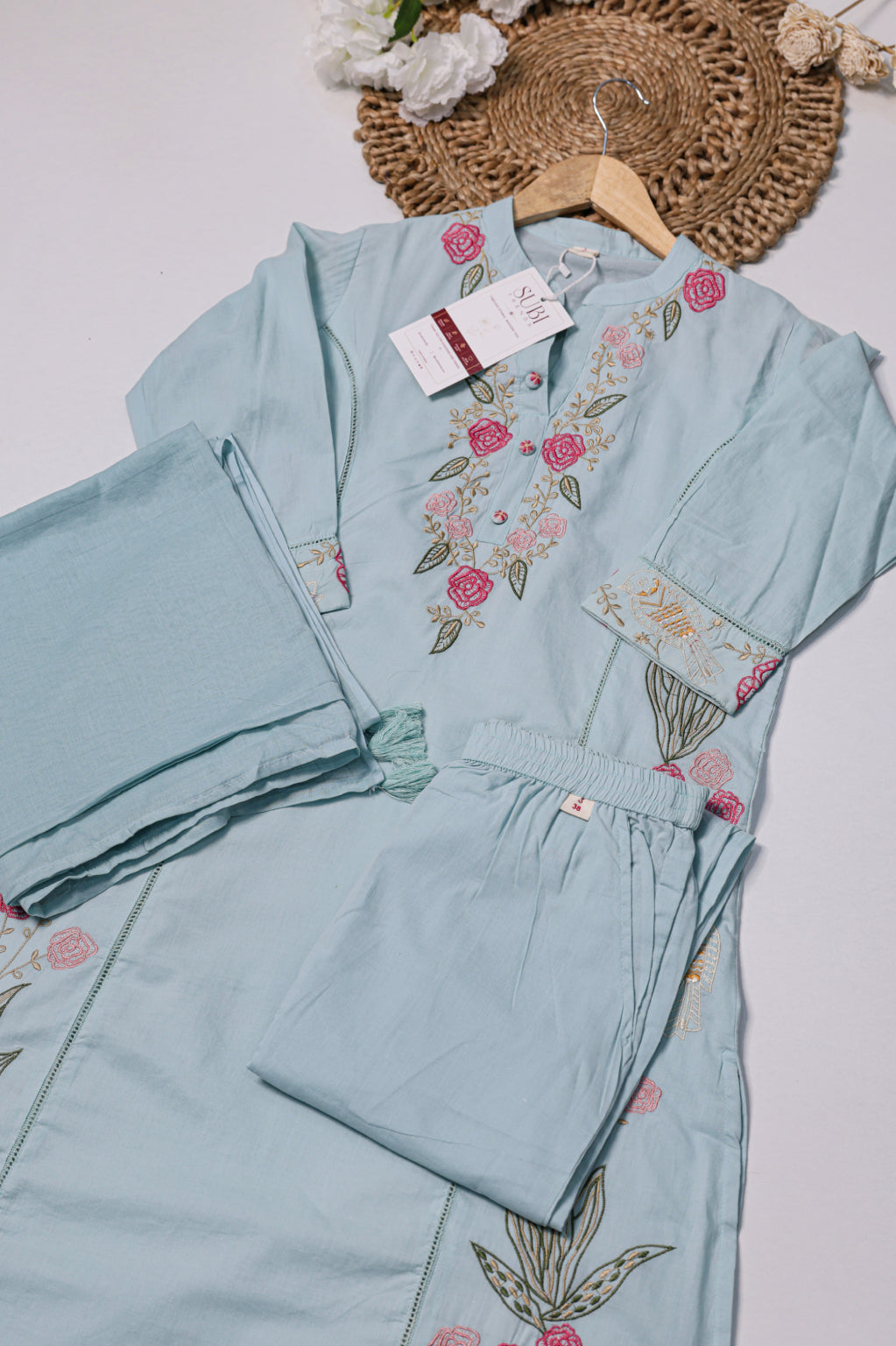 Light Blue & Pink Floral Embroidered Suit Set