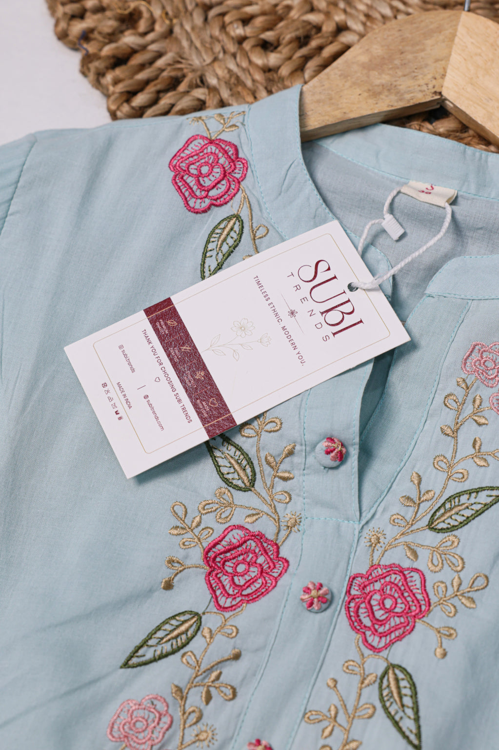 Light Blue & Pink Floral Embroidered Suit Set
