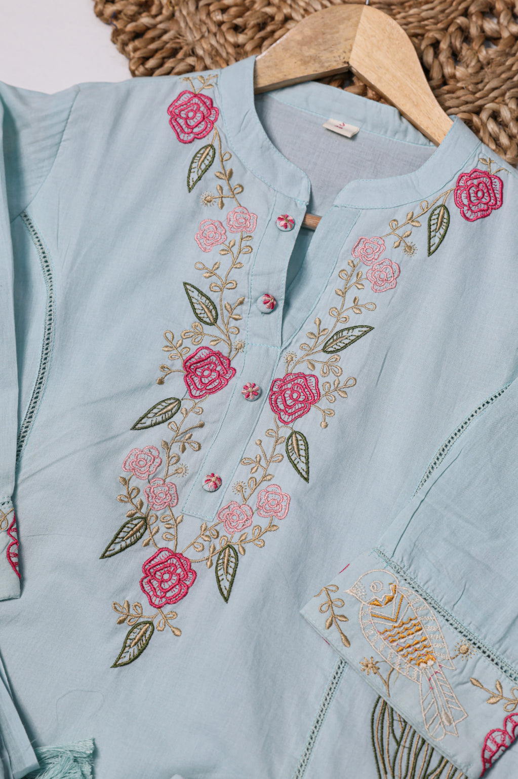 Light Blue & Pink Floral Embroidered Suit Set