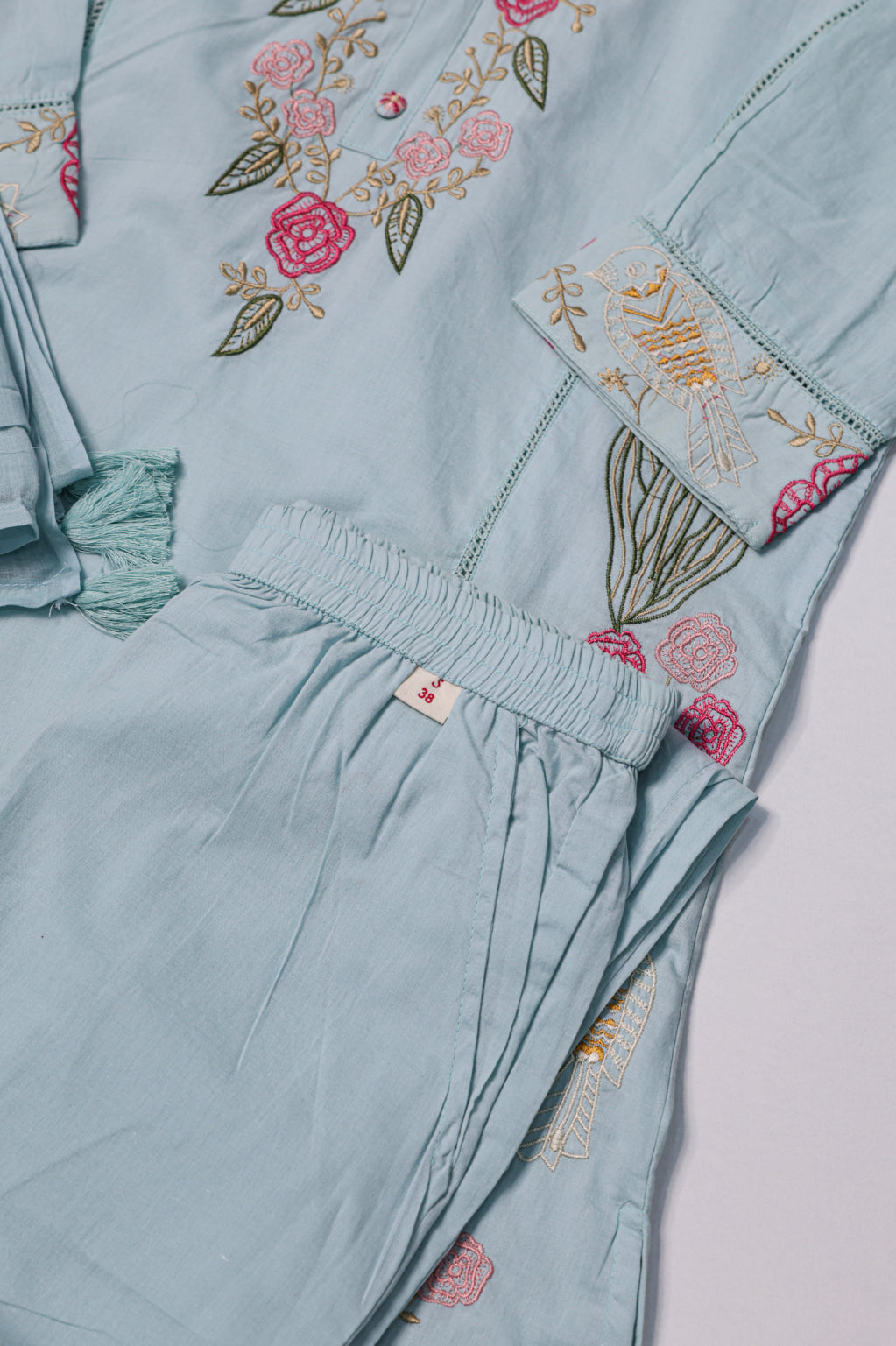 Light Blue & Pink Floral Embroidered Suit Set