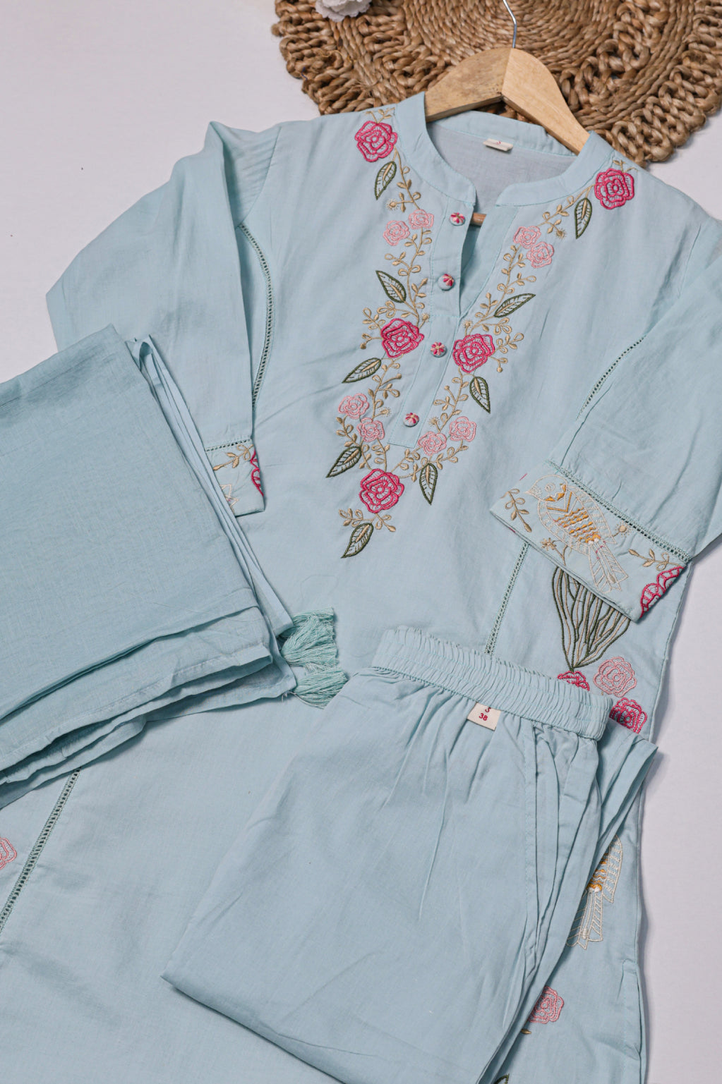 Light Blue & Pink Floral Embroidered Suit Set