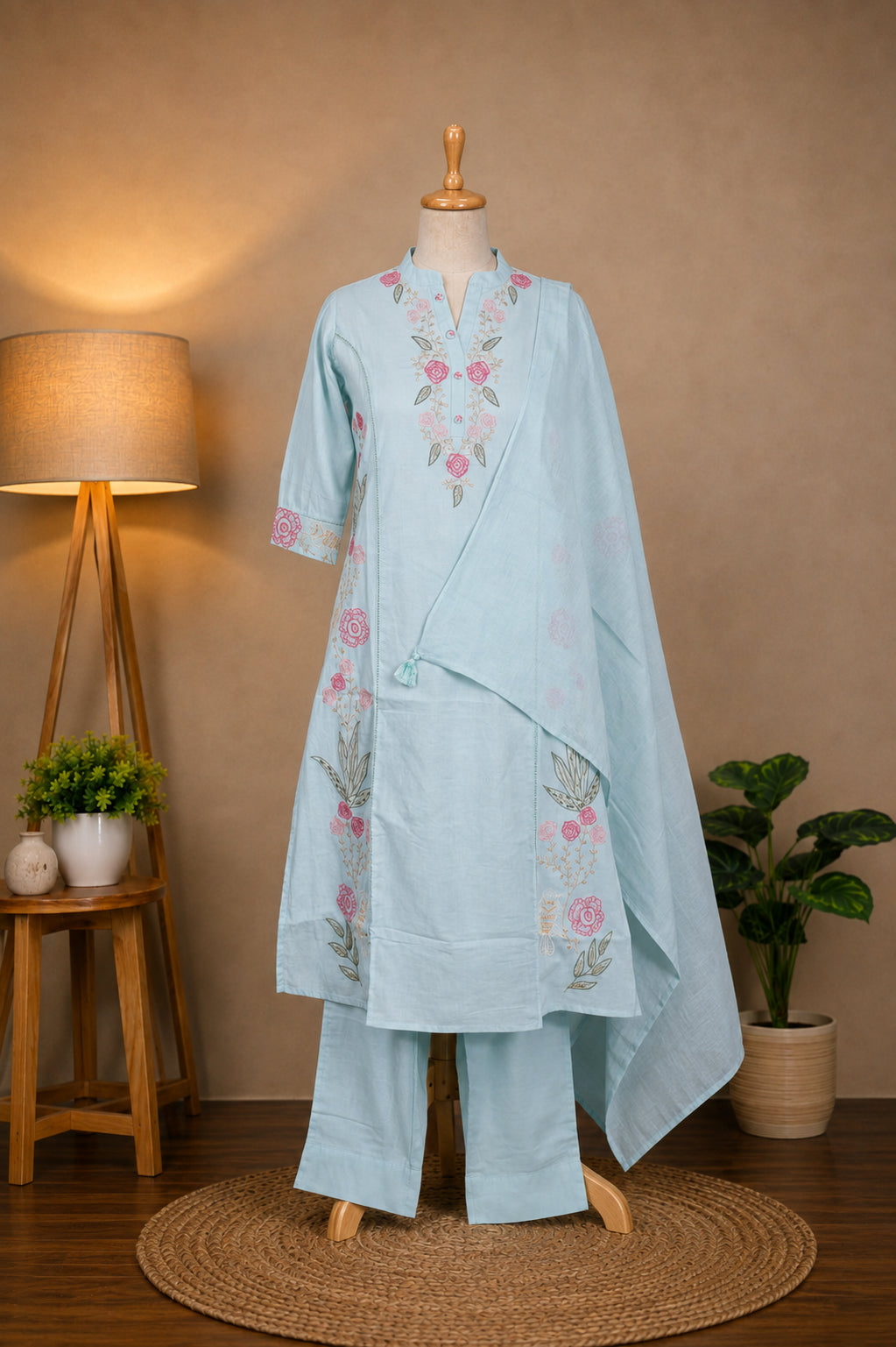 Light Blue & Pink Floral Embroidered Suit Set