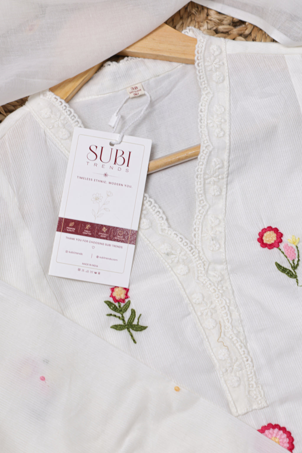 White & Pink Floral Embroidered Suit Set