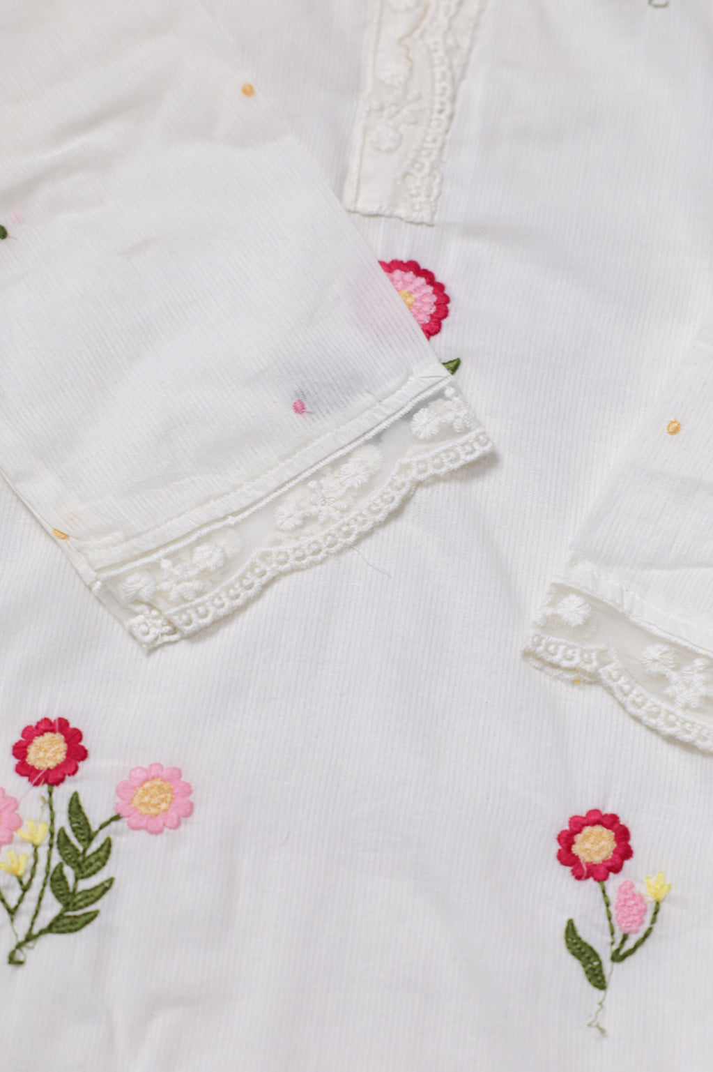 White & Pink Floral Embroidered Suit Set
