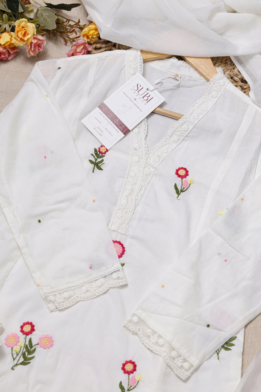 White & Pink Floral Embroidered Suit Set