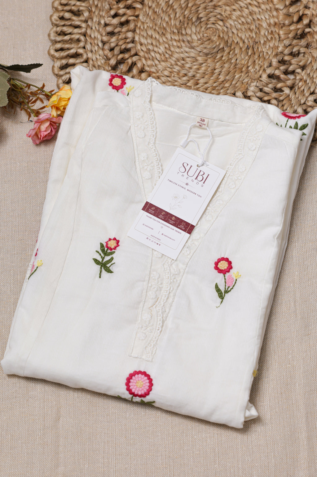 White & Pink Floral Embroidered Suit Set