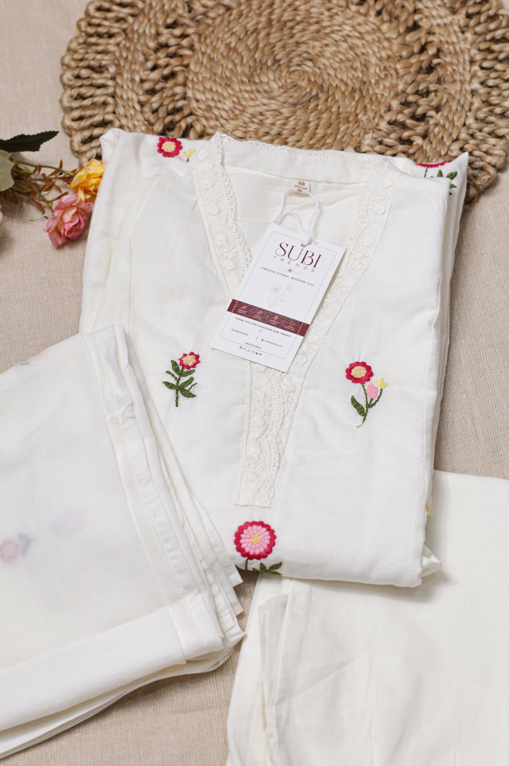 White & Pink Floral Embroidered Suit Set