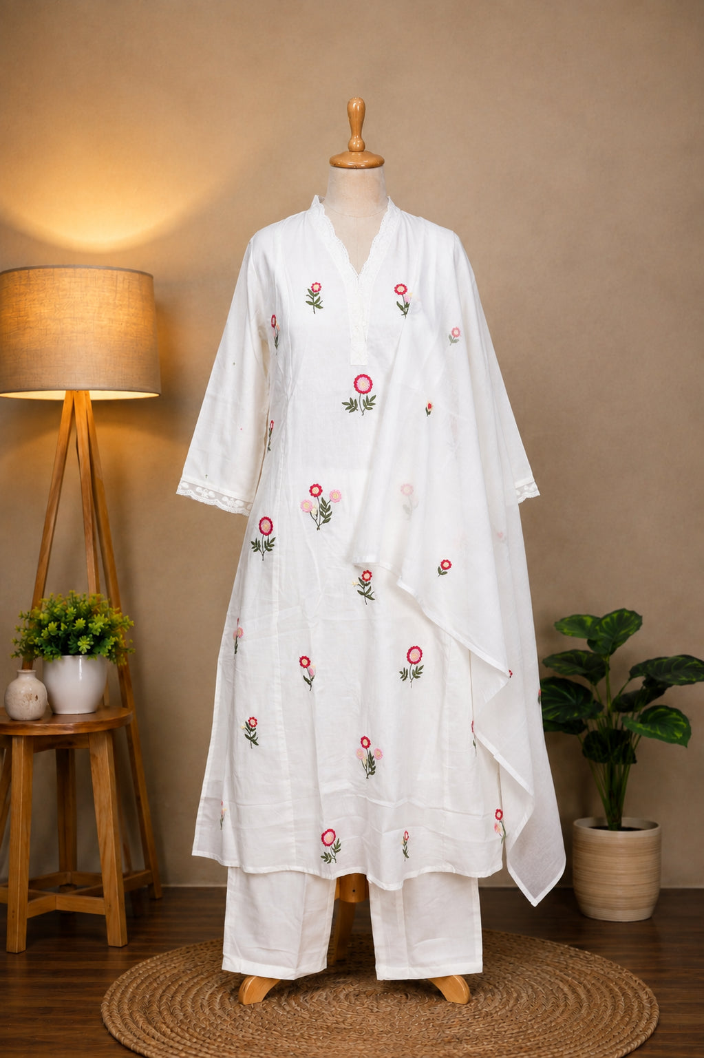 White & Pink Floral Embroidered Suit Set