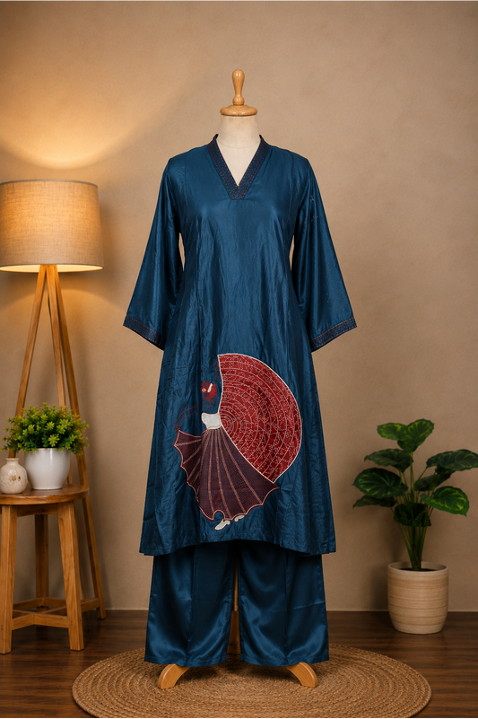 Midnight Blue Satin Embroidered Co-ord Set