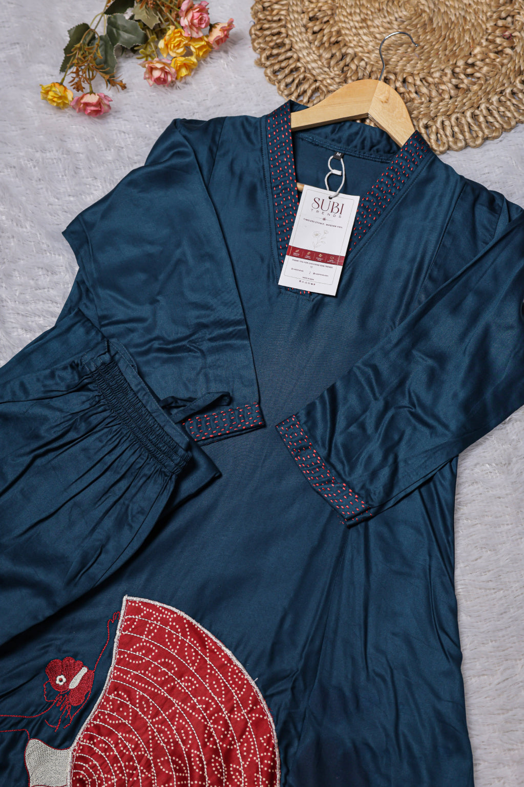 Midnight Blue Satin Embroidered Co-ord Set
