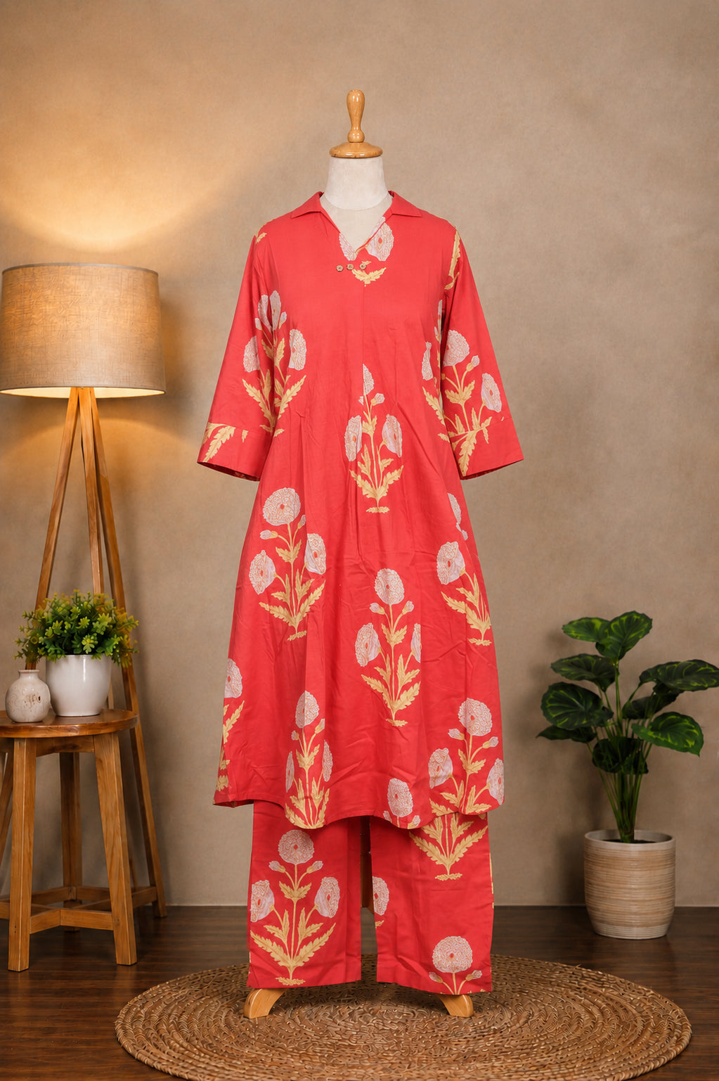Coral Red Floral Printed Kurta Set