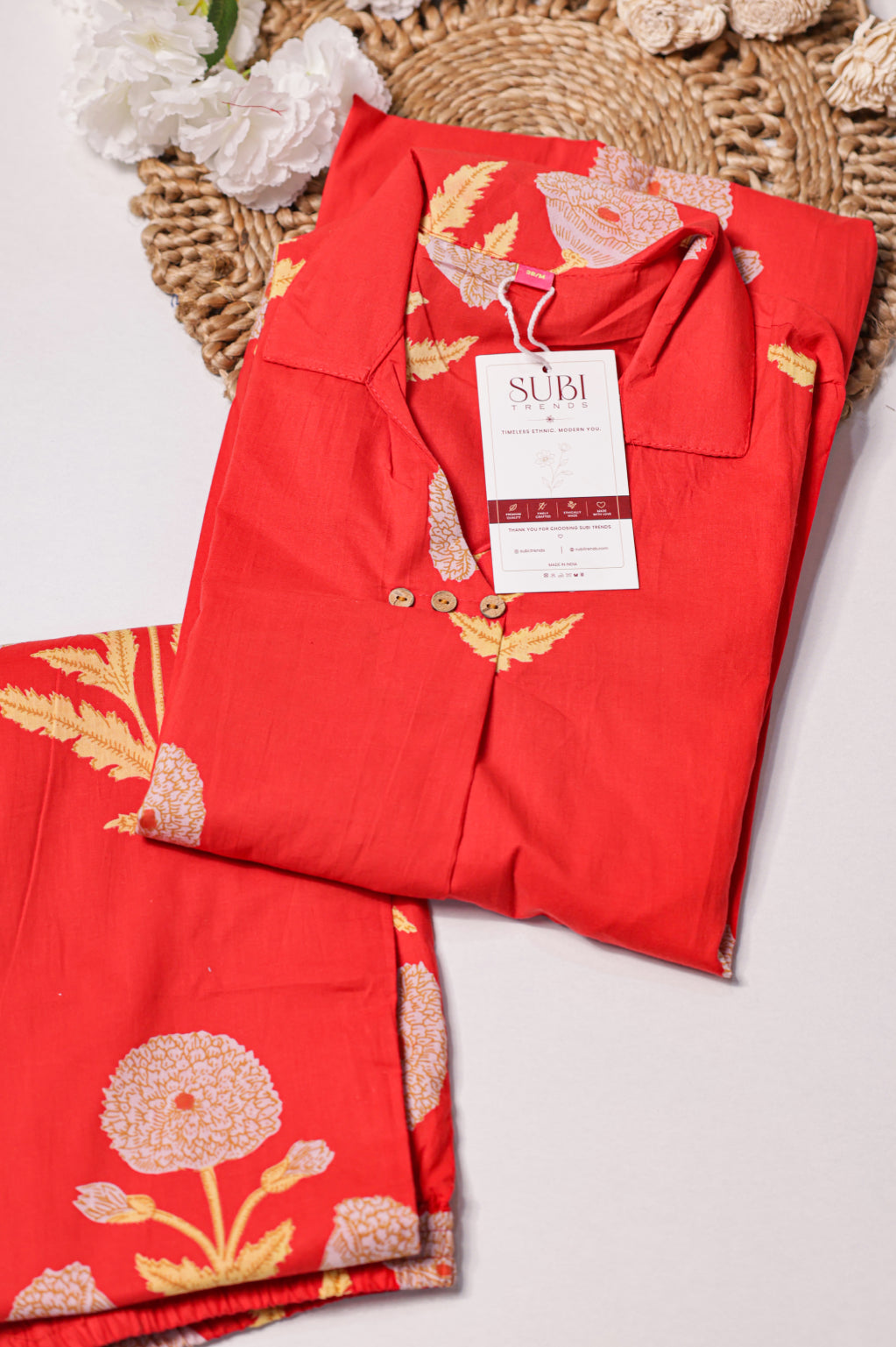 Coral Red Floral Printed Kurta Set