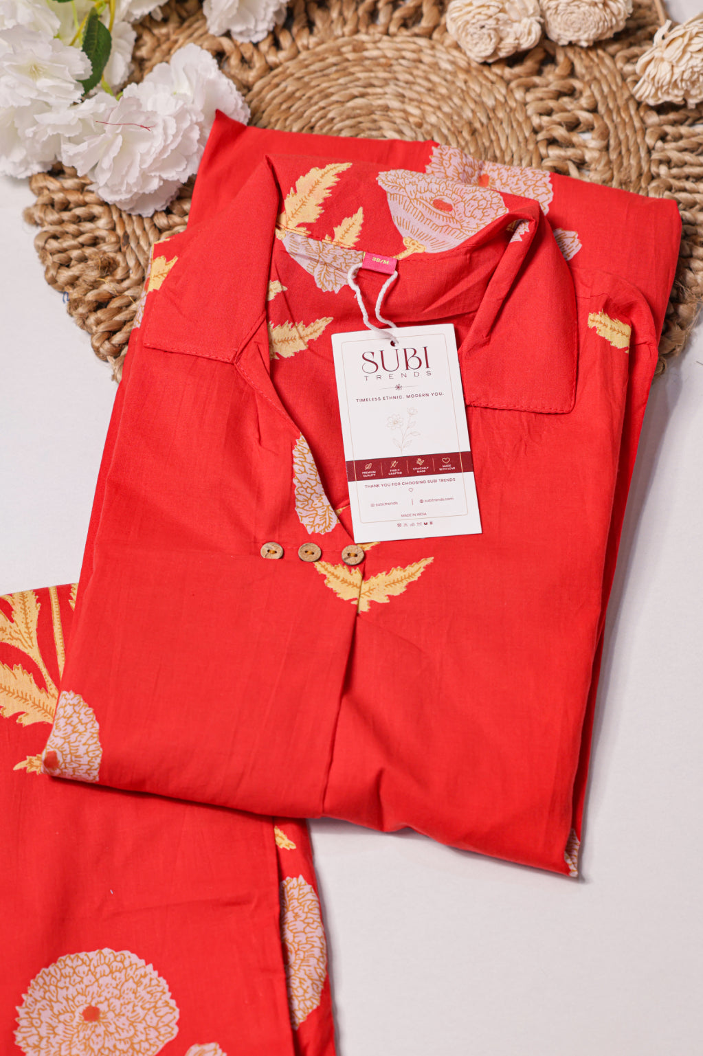 Coral Red Floral Printed Kurta Set