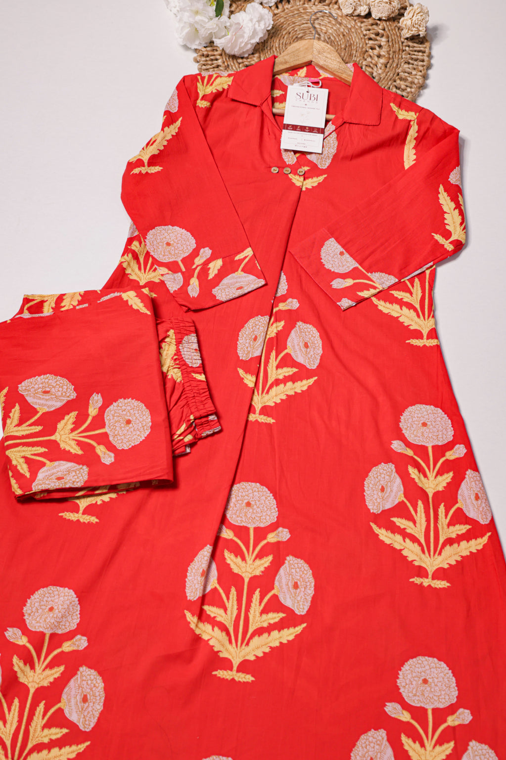 Coral Red Floral Printed Kurta Set