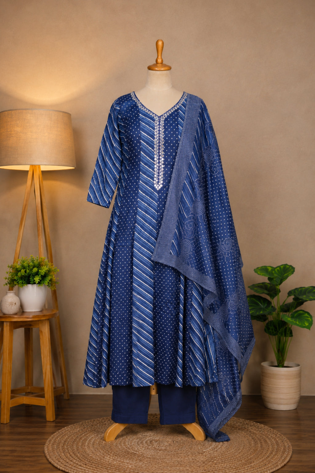 Blue Leheriya Printed Suit Set