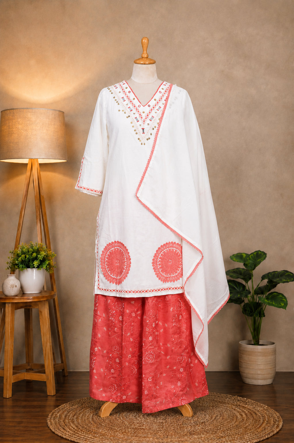White & Coral Suit Set