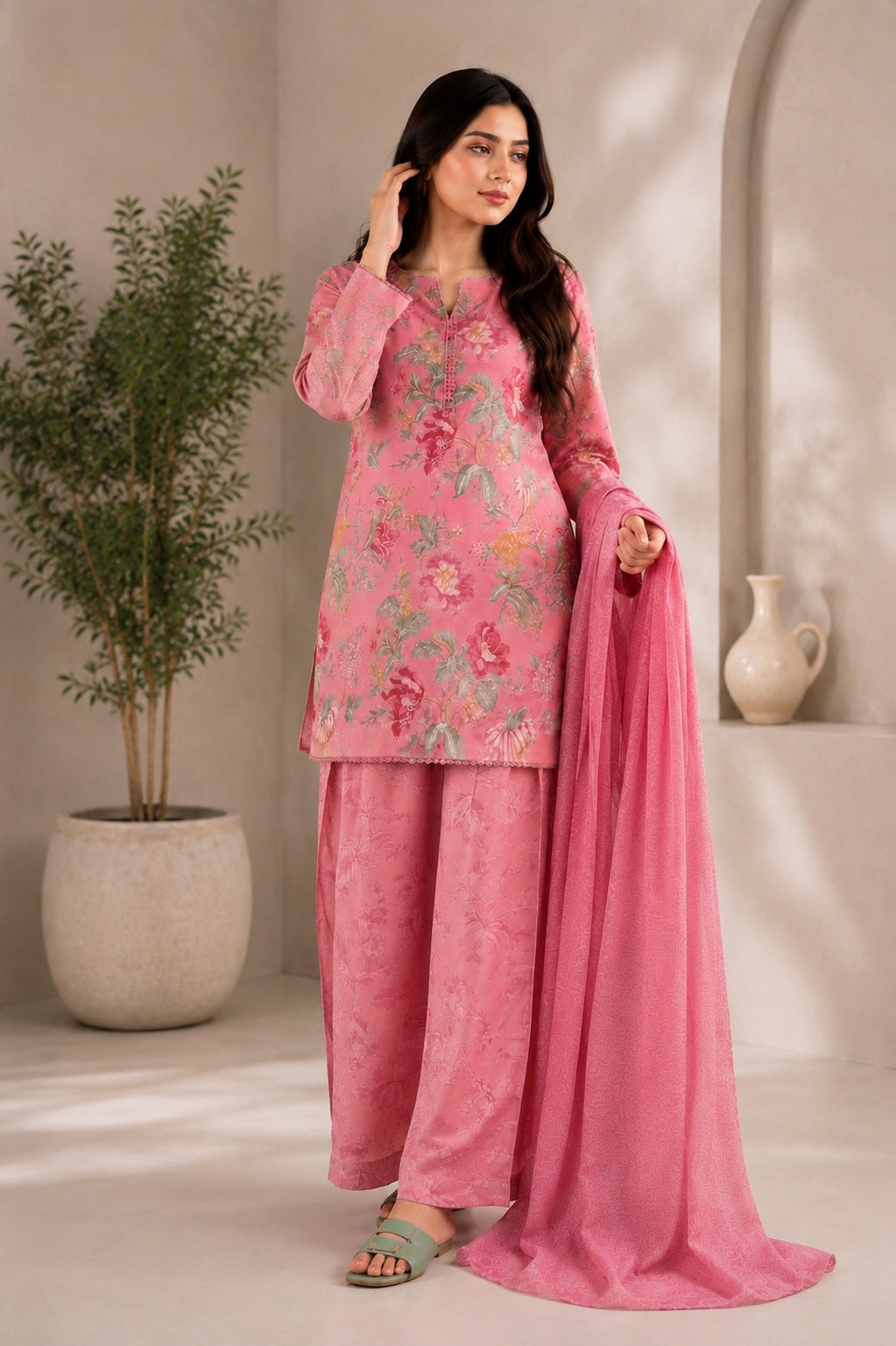 Pink printed organza suit set